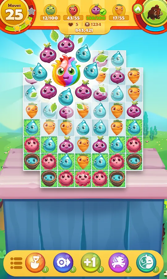 Skärmbild från Farm Heroes Saga med ett bräde av grödor och en dragräknare