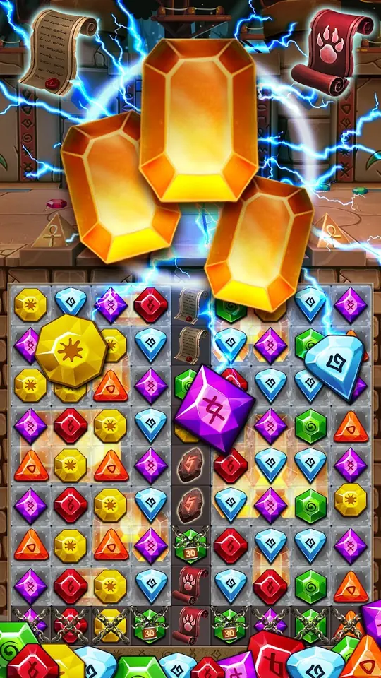 Skärmbild från Jewel Ancient 2 med ett tätt packat bräde av ädelstenar